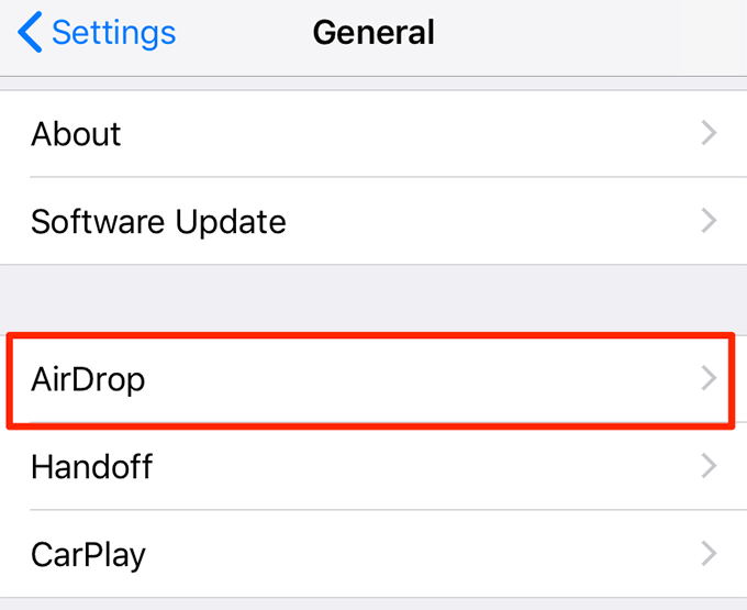 AirDrop menu in General 