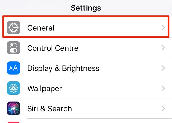 General menu in Settings