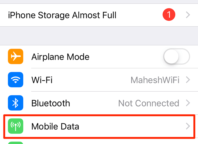 Mobile Data in iPhone Settings