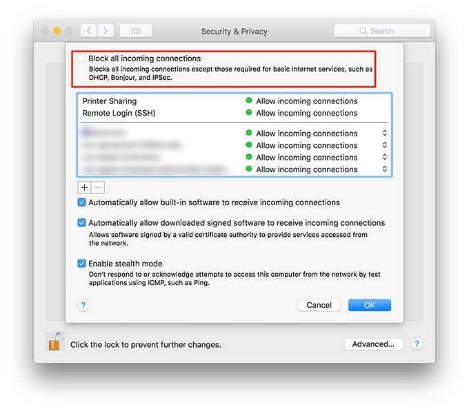Block all incoming connections in Security & Privacy 
