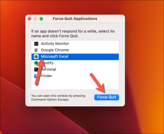 Screenshot of the Force Quit Applications window, with Microsoft Excel selected.