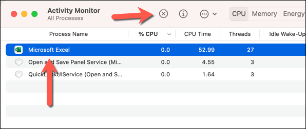 Screenshot of selecting Microsoft Excel in the Activity Monitor window and issuing the 