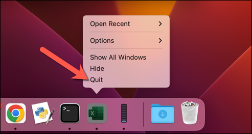Screenshot of selecting Quit from the Microsoft Excel context menu on the Dock.