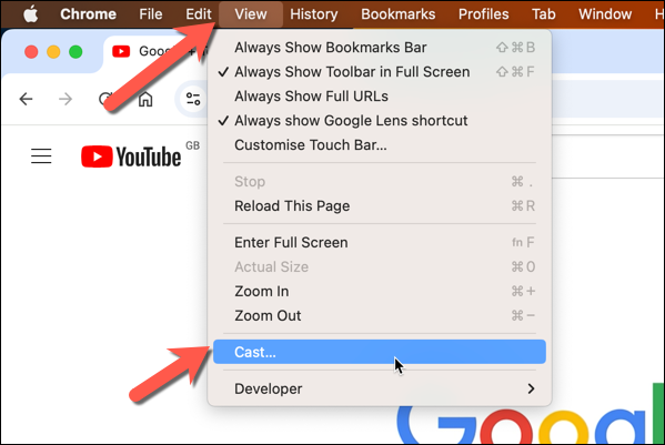 In Chrome, press View > Cast.