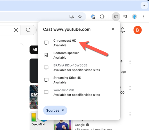 From the Chromecast menu, select the device that you want to cast to.