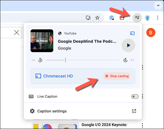 To stop casting, press the media playback button, then click the Stop casting option.